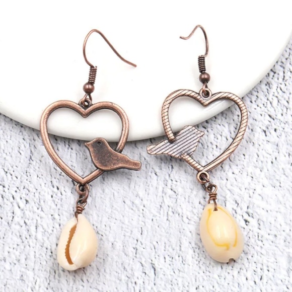 Bronze Bird Heart Cowrie Shell Drop Earrings - Picture 2 of 8